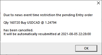 Automatic Position Sizing Drawing Tool pending order cancel due to news restriction