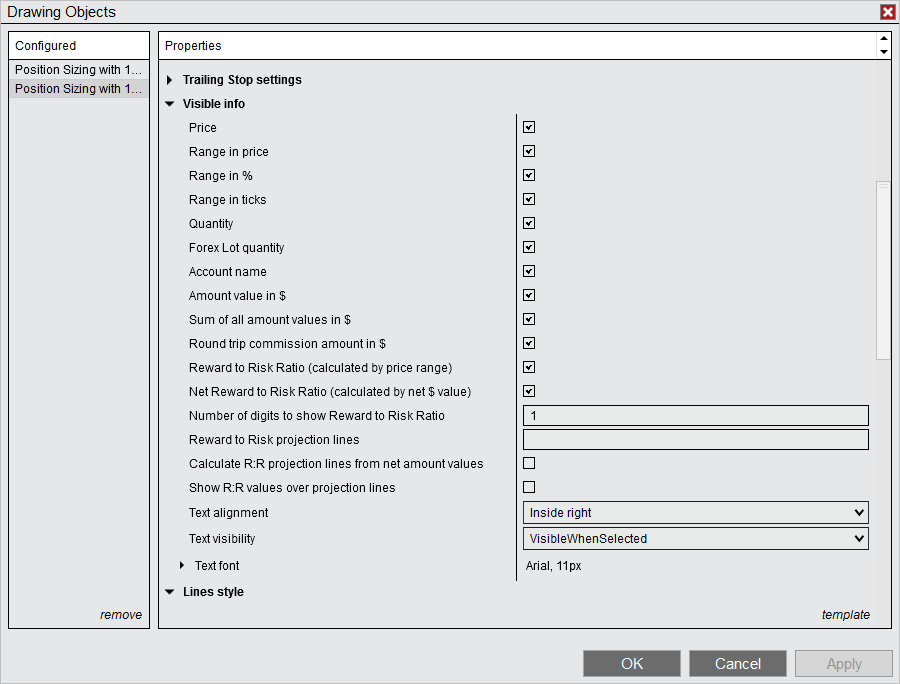 Automatic Position Sizing Drawing Tool : Visible info settings