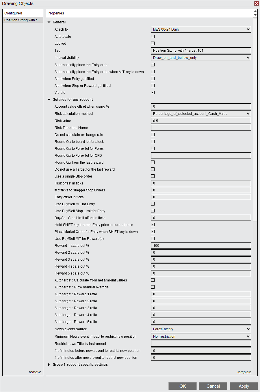 The Properties window of the Automatic Position Size tool